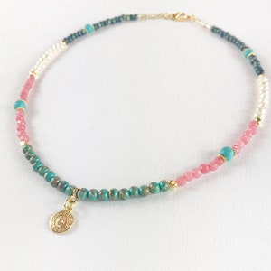 Boho-style pearl necklace gold | Women&#39;s necklace with real freshwater pearls, turquoise & jade | Ibiza jewelry