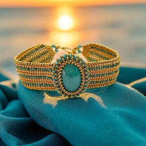 Puede incluir: Una pulsera dorada con cuentas y detalles turquesa, con una gran piedra central ovalada turquesa. La pulsera descansa sobre una tela verde azulado, con un atardecer borroso al fondo. El diseño de la pulsera presenta un intrincado trabajo de cuentas.