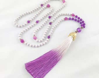 Semi-precious stone necklace with tassel violet | Necklace ladies long | | Pearl Necklace Gemstone Ibiza Jewelry