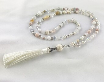 Boho gemstone pearl necklace with tassel | Necklace ladies long white silver | Ibiza jewelry