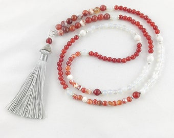 Boho gemstone pearl necklace with tassel | Necklace ladies long agate silver | Ibiza jewelry