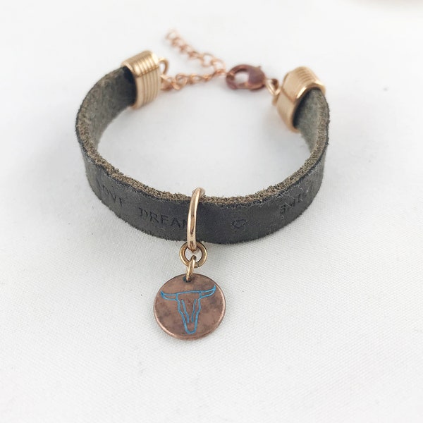 Leather bracelet with bull's head motif blue Ladies' bracelet Bracelet with pendant copper Ibiza jewelry