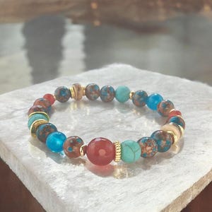 Pearl bracelet AAYANA gold women | Boho style | Gemstone stacking bracelet | with carnelian turquoise agate jade | Semi-precious stone bracelet women