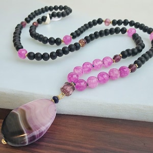 Boho style pearl necklace IVA gold | Necklace for women with real jade & agate and large pendant | Ibiza jewelry