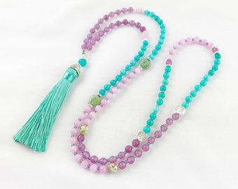 Boho gemstone pearl necklace with tassel | Necklace women long turquoise purple silver | Ibiza jewelry