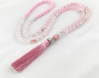 Boho gemstone pearl necklace with tassel | Necklace women long pink silver | Ibiza jewelry