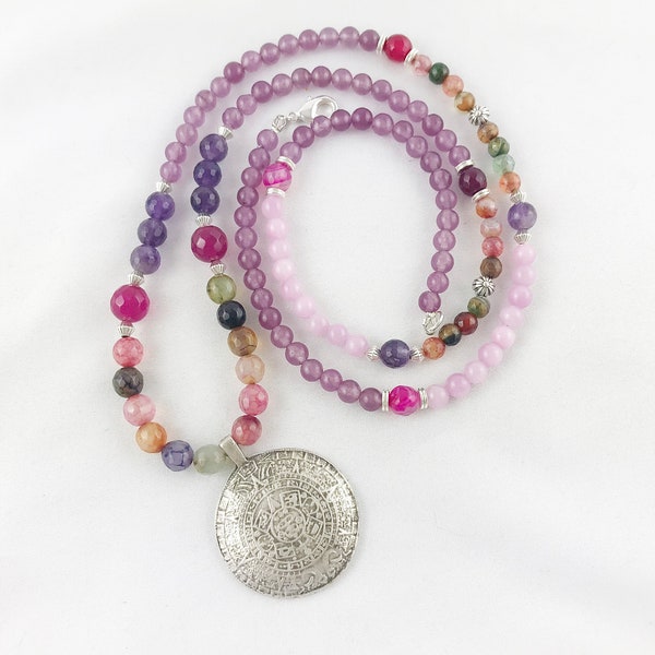 Boho - Style  Perlenkette aus Edelsteinen lila pink | Halskette Damen lang silber | Ibiza Schmuck