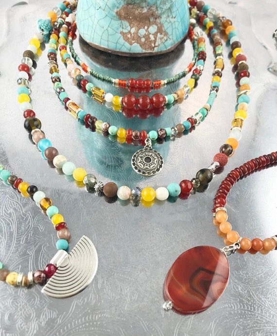 Collier Fantaisie En Perles De Cornaline Rouge - Longueur 40 Cm - Pierre Naturelle - Bijou Ethnique Ou Bohème