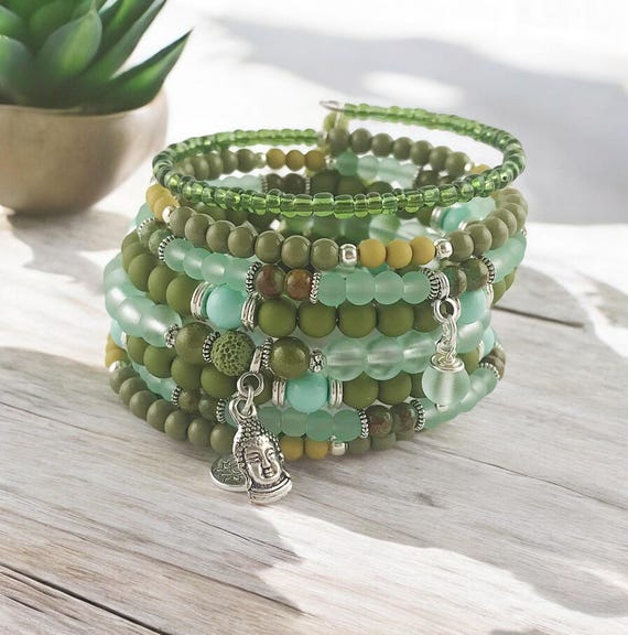 Boho Style Bangle GREEN BUDDHA Charm Bracelet With Pendant Bracelet With Charms Wrap Bracelet Green Turquoise Silver Ibiza Jewelry Etsy