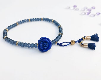 Pearl bracelet with rose pearl & tassels | Unique | Women's Beaded Bracelet | Gift idea for women | dark blue | Ibiza jewelry