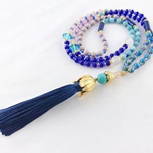 Boho-style pearl necklace gold | Necklace women with real turquoise, jasper, jade & rose quartz and long tassel | Ibiza jewelry
