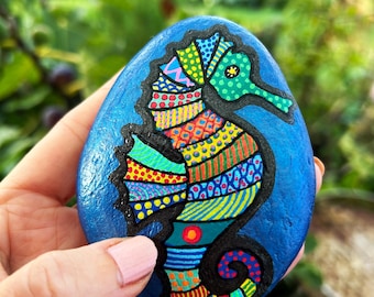 Stone Painted SEAHORSE Blue | Painted Pebble | Paperweight