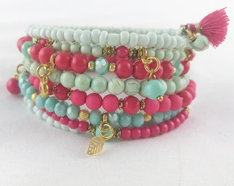 XL bracelet with charms | Beaded charm bracelet mint pink gold | Ibiza jewelry