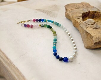 Collana Lunga In Argento Dorato con Neolite Turchese e Perle d'acqua Dolce | Gioielleria Colombo Cadorago