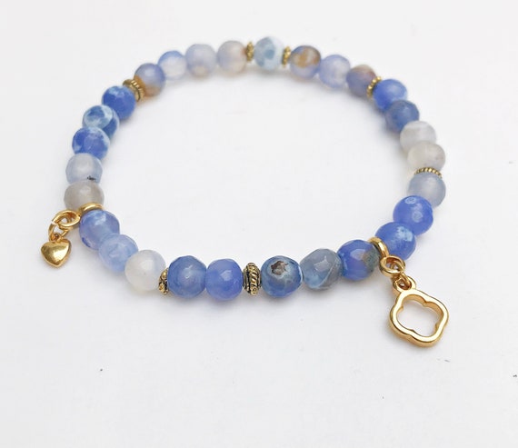 Semi-precious Stone Bracelet With Fire Agate Gold Plated Blue Love