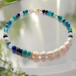 Boho-style pearl necklace SEA BREEZE gold | Women&#39;s necklace with real freshwater pearls, turquoise, lapis lazuli & jade | Ibiza jewelry
