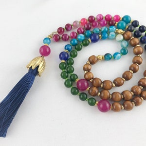 colorful boho style pearl necklace gold | Necklace women with real lapis lazuli, fire agate & jade and long tassel | Ibiza jewelry