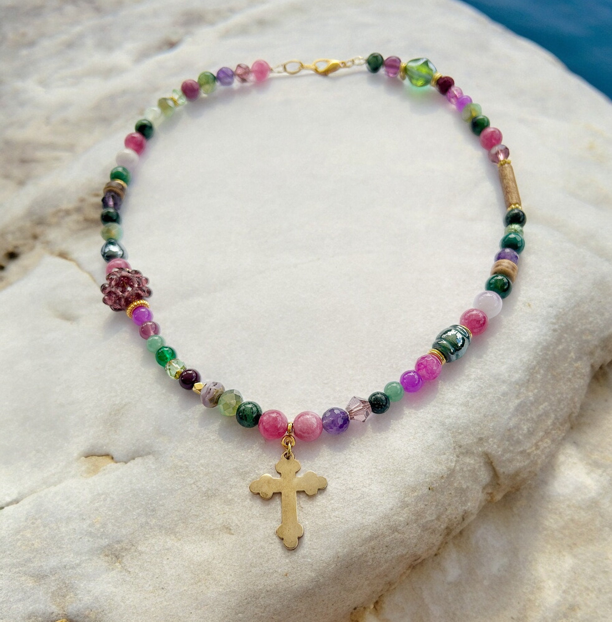 Collana Girocollo Bohémien Con Ciondolo A Croce E Strass | Oro, Vintage, Minimal | Regalo Per Donna E Ragazza