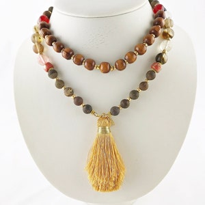 Boho-style pearl necklace gold | Necklace women with real jade, jasper & strawberry quartz and long tassel | Ibiza jewelry