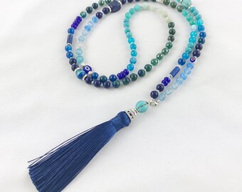 Boho gemstone pearl necklace with tassel | Necklace women long turquoise blue Nazaar silver | Ibiza jewelry