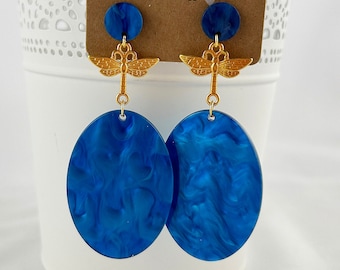 d'oreilles scintillantes avec libellule | Boucles d'oreilles or bleu | Boucles d’oreilles à clous de déclaration | Bijoux Ibiza