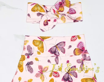 Big Butterflies High Waisted Bummies Set | Spring, Baby Summer Clothes, Baby Bummies, Baby Leggings, Baby Headbands, #lilsunshines