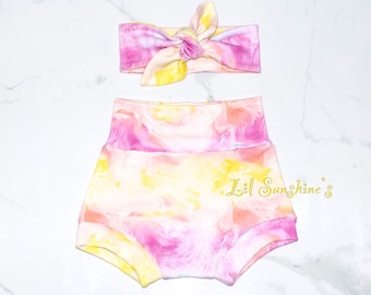 Tie-Dye High Waisted Bummie Set | Baby Bummies, Baby Leggings, Baby Headbands, Spring,  Baby Summer Clothes #lilsunshines