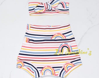 Rainbows High Waisted Bummie Set | Rainbow Baby, Baby Bummies, Baby Leggings, Baby Headbands, Spring,  Baby Summer Clothes #lilsunshines