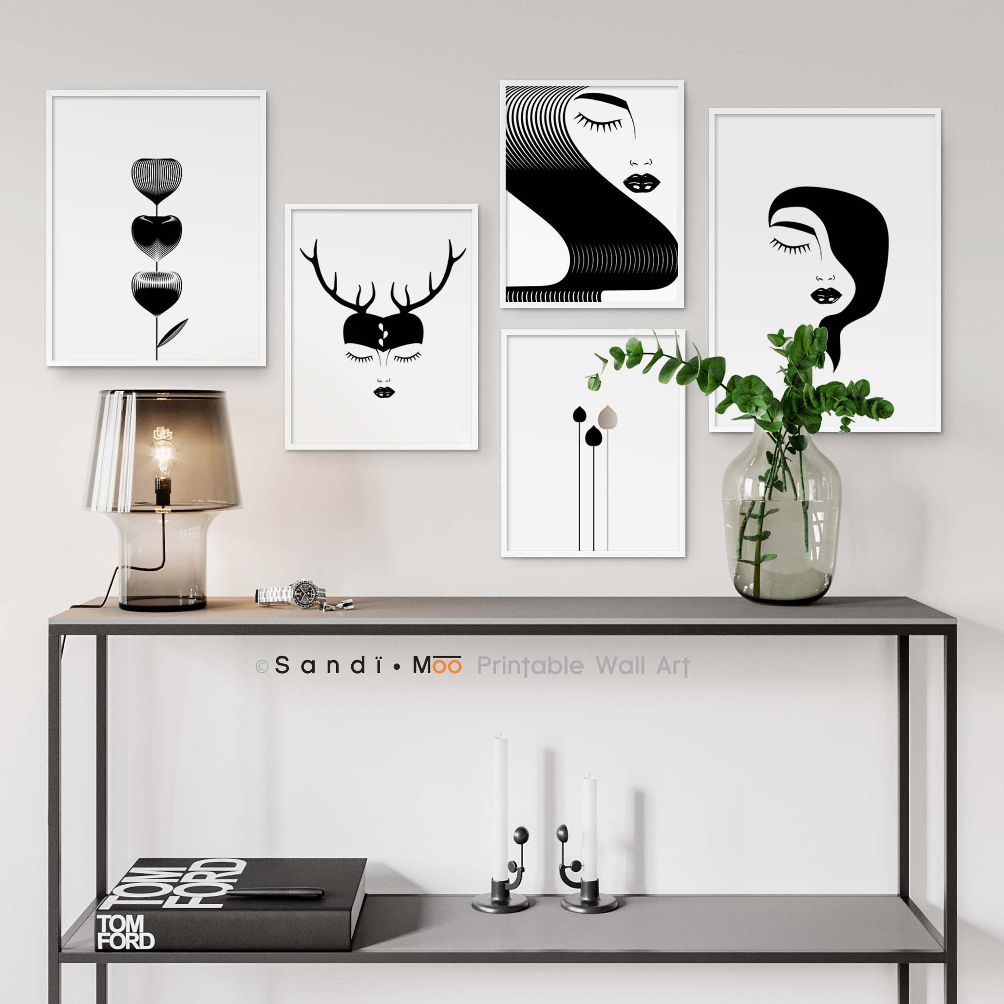 Set of 5 Black and White Printable Wall Art, Wall Art Bundle, Gallery ...