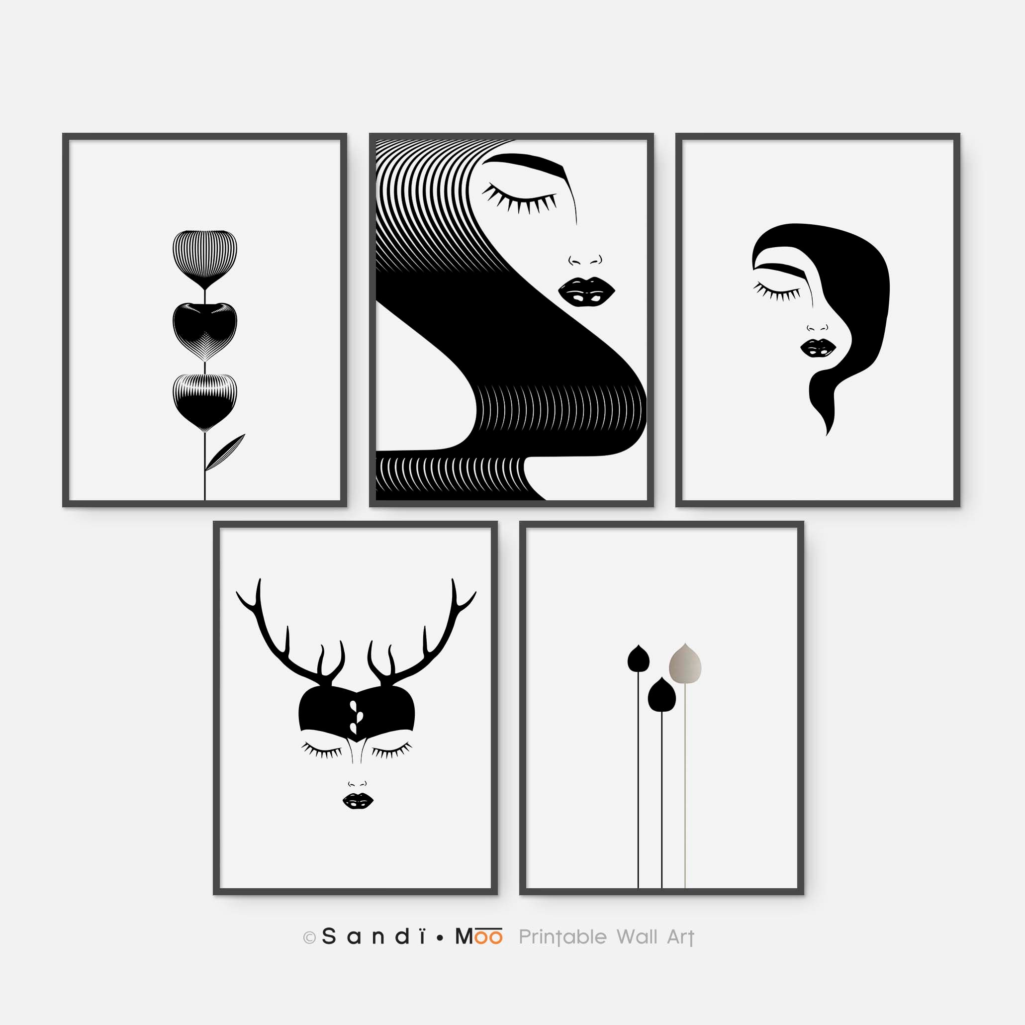 Set of 5 Black and White Printable Wall Art, Wall Art Bundle, Gallery ...