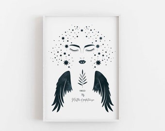 Impresión del signo zodiacal femenino VIRGO, Decoración de arte de pared imprimible de signo de estrella, Descarga digital de Virgo Girl, Arte de pared de mujer, Signo solar, Póster de Virgo de bricolaje