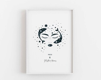 Arte de pared imprimible del zodíaco piscis femenino, impresión de signos estelares, póster de arte de pared de mujer Piscis, descarga instantánea de horóscopo girl, astrología DIY