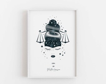 Impresión de signos del zodiaco libra femenino, póster imprimible de signo estelar, impresión de mujer Libra, descarga de bricolaje de libra girl, decoración de astrología, arte del horóscopo