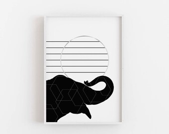 Elephant Print, Black & White Animal Printable Art, Modern Elephant Poster, Minimalist Safari Print, Black Elephant Digital Download