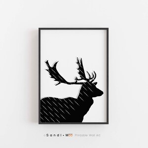 Deer Printable Wall Art, Black and White Hunting Wall Decor, Downloadable Deer Print, Cabin Art Print, Country House Wall Art, Antler Print