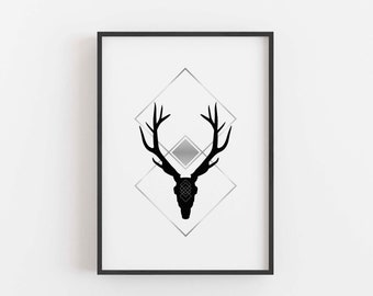 Deer Head Printable Wall Art, Country House Printable, Downloadable Deer Wall Art, Deer Antlers Digital Download, Deer Geometric Art Print