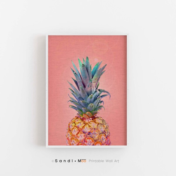 Pineapple Printable Wall Art, Tropical Fruit Print, Colourful Kitchen Decor, Tropical Fruit Wall Art, Coral Pink Poster, Pineapple Art Print