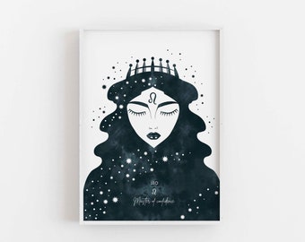 Póster del signo zodiacal LEO femenino, Arte de pared imprimible con signo de estrella, Impresión descargable de la niña Leo, Impresión de decoración del hogar de la mujer Leo, Arte de cumpleaños del signo solar
