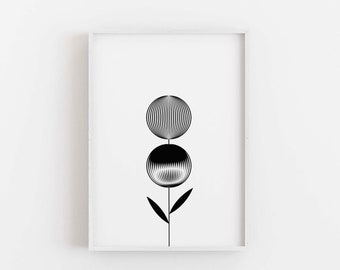 Modern Floral Printable Wall Art, Minimalist Black and White Flower Wall Print, Abstract Flower Poster, Contemporary Floral Digital Download