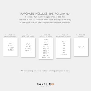Puede incluir: Gr&aacute;fico blanco con texto que detalla las opciones de arte mural imprimible. El texto incluye tama&ntilde;os de marco como 10x13 cm, 20x25 cm, 40x50 cm y 28x35 cm. La imagen tambi&eacute;n enumera tama&ntilde;os en pulgadas e incluye la marca "Sandi. Moo".