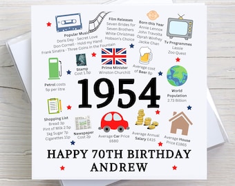Personalised 70th Birthday Card, 1954 birthday card, fun facts 70th birthday card, age birthday card