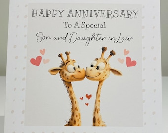 Son and daughter in law anniversary card, wedding anniversary card, Son and daughter in law wedding anniversary card, cute giraffes card