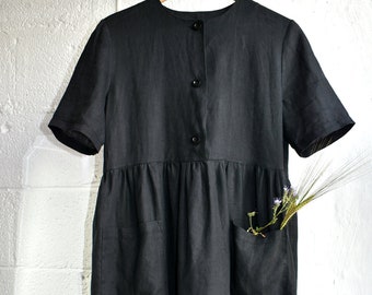 Black Pure Irish Linen Loose Gathered Dress - Mori Style