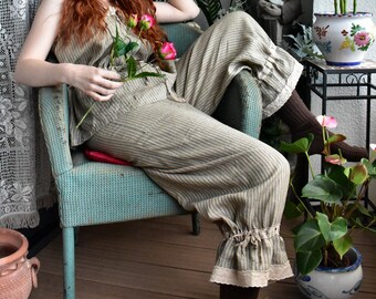 Edwardian Style Romantic Boho Striped Tumbled Linen Baggy Lace 'Zillah' Bloomer Trousers - Limited - Made to order - Eco Friendly