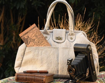 Handmade Eco Linen Natural Taupe Colour 'Time Traveller' Gladstone Bag Companion Bag