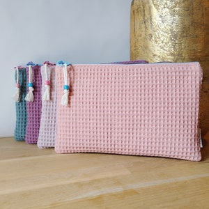 Pochette/trousse en tissu coton nid d'abeille/vert menthe/lavande violine/vieux rose/corail/maquillage/médicaments/cadeau femme