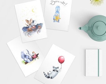 Watercolor illustrated cards - Children's room decoration - Animals
