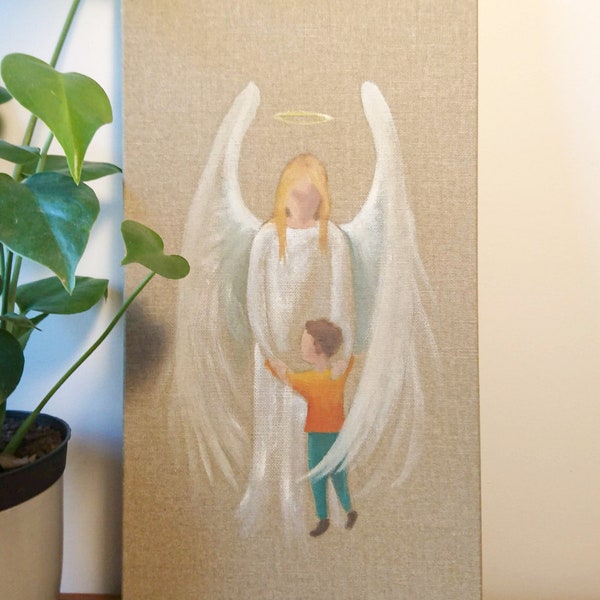 Peinture d'un ange gardien - Huile sur toile