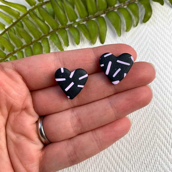 Heart Shaped Studs, Black and Lilac Earrings