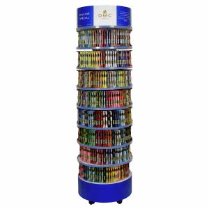 May include: A rotating display stand with multiple shelves filled with colourful DMC Mouline Special embroidery floss. The stand is blue and white with wheels.